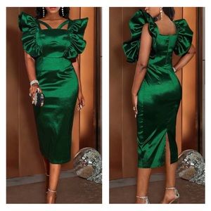 Green Exaggerated Ruffle Sleeves Elegant Formal Midi Dress